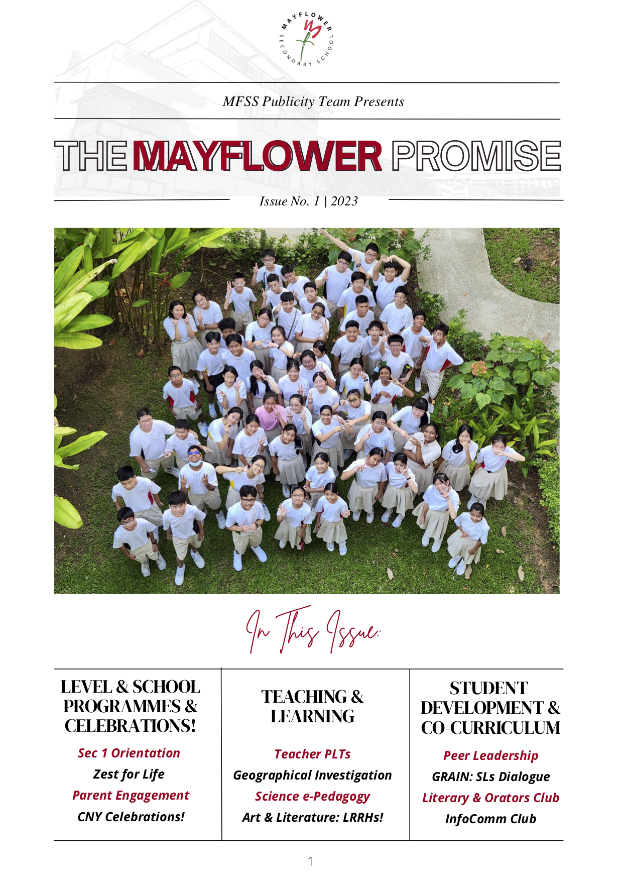 Cover of The Mayflower Promise school newsletter, Issue 1 2023, with aerial photo of students in white uniforms on grass.